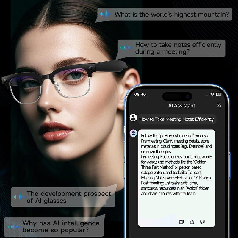 AI Metal Half-Frame Smart Glasses with AI Voice Assistant 164-Language Real-Time Translation Photo Video Capture Bluetooth Calls Music Ideal for Travel Adventure