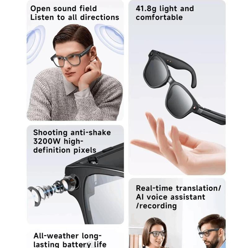 AI Smart Glasses with Chat GPT, Video Camera, Bluetooth Calls, Object Recognition, Blue Light Protection, Black Frame, HD 800W Camera, Anti-Shake, Dual Microphones, Live Translation, Sleek Design