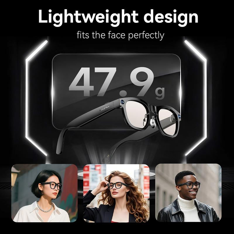 Fancyview AI Smart Glasses Wi-Fi 6 Speed 16GB Storage Hands-Free Camera with AI Technology Matte Black Lightweight Premium Frame