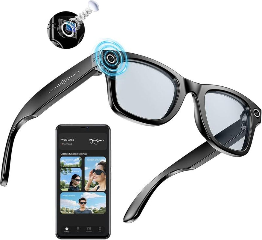 AI Smart Glasses with Chat GPT, Video Camera, Bluetooth Calls, Object Recognition, Blue Light Protection, Black Frame, HD 800W Camera, Anti-Shake, Dual Microphones, Live Translation, Sleek Design
