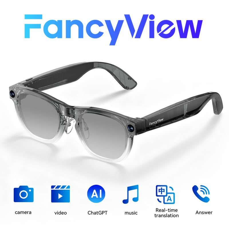 Fancyview AI Smart Glasses Wi-Fi 6 Speed 16GB Storage Hands-Free Camera with AI Technology Matte Black Lightweight Premium Frame