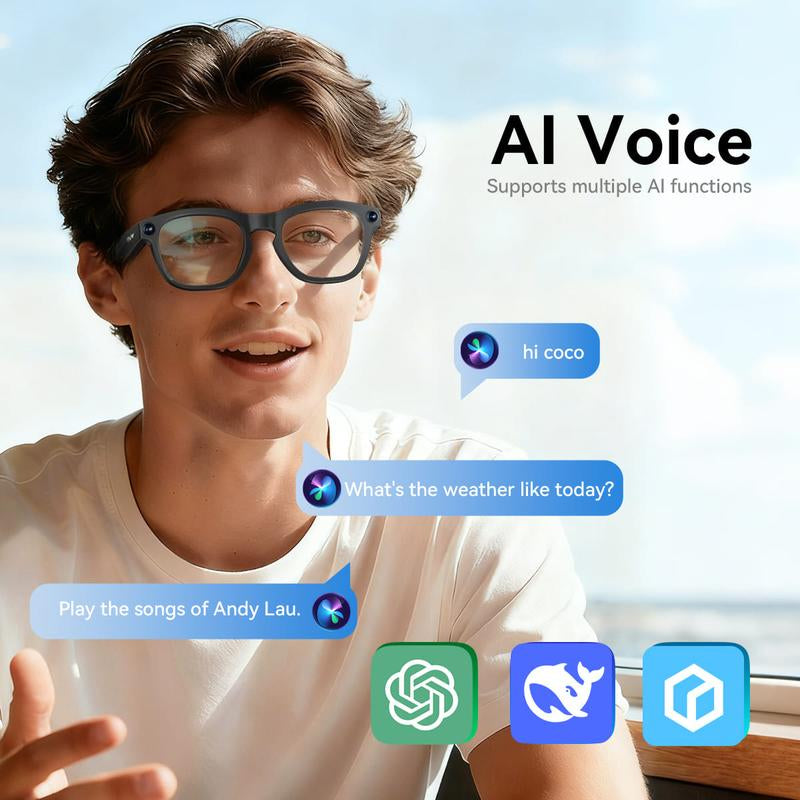 Fancyview AI Smart Glasses Wi-Fi 6 Speed 16GB Storage Hands-Free Camera with AI Technology Matte Black Lightweight Premium Frame