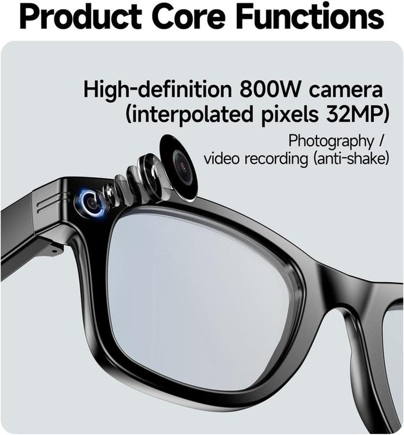 AI Smart Glasses with Chat GPT, Video Camera, Bluetooth Calls, Object Recognition, Blue Light Protection, Black Frame, HD 800W Camera, Anti-Shake, Dual Microphones, Live Translation, Sleek Design