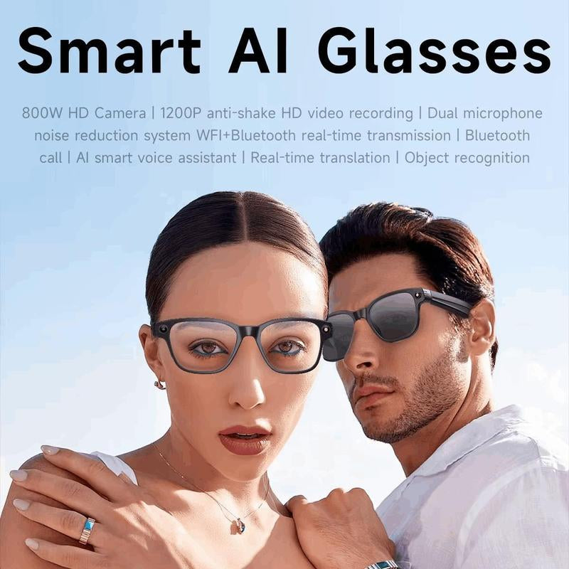 AI Smart Glasses with Chat GPT, Video Camera, Bluetooth Calls, Object Recognition, Blue Light Protection, Black Frame, HD 800W Camera, Anti-Shake, Dual Microphones, Live Translation, Sleek Design