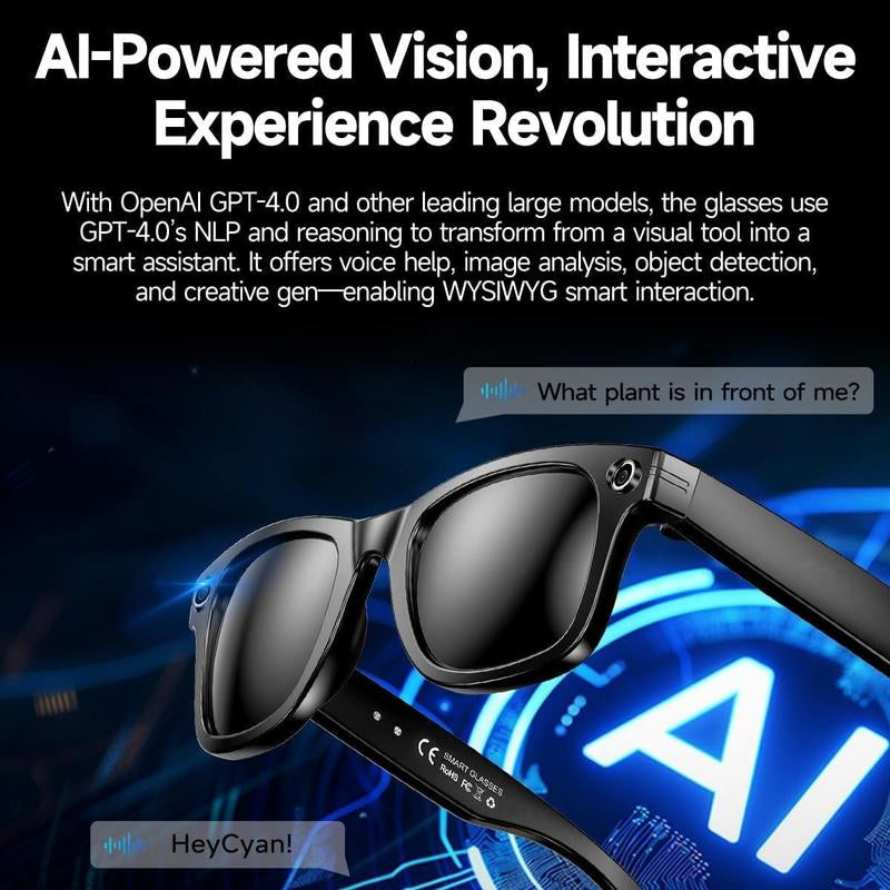 AI Smart Glasses with Chat GPT, Video Camera, Bluetooth Calls, Object Recognition, Blue Light Protection, Black Frame, HD 800W Camera, Anti-Shake, Dual Microphones, Live Translation, Sleek Design