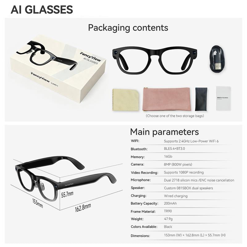 Fancyview AI Smart Glasses Wi-Fi 6 Speed 16GB Storage Hands-Free Camera with AI Technology Matte Black Lightweight Premium Frame